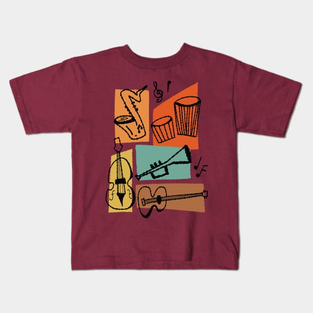 Mid Century inspired Musical Instruments Kids T-Shirt by MariOyama